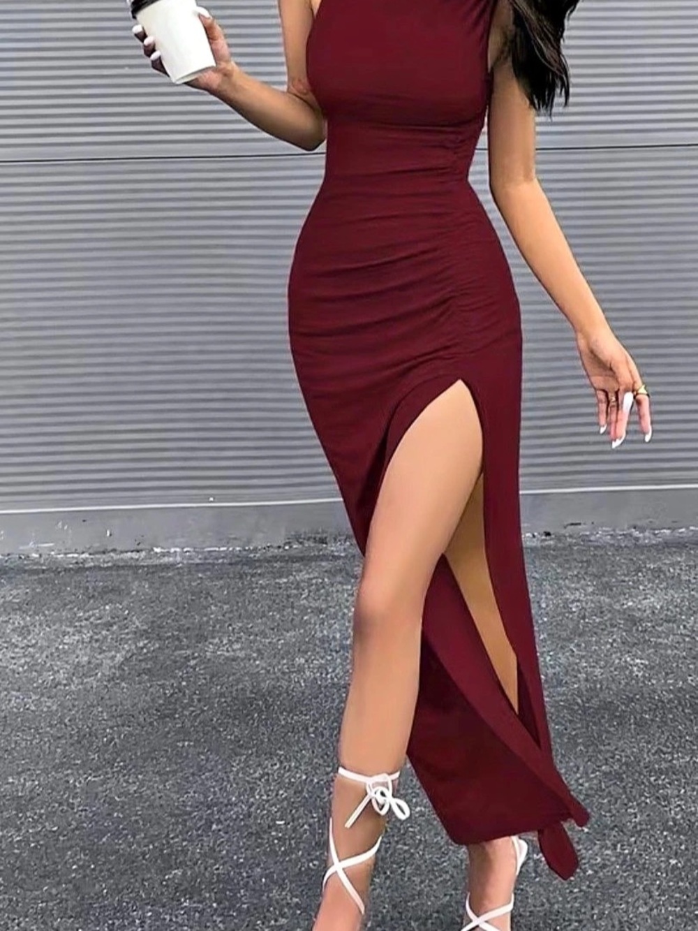 Ruched Slit Maxi Dress in Burgundy or Brown